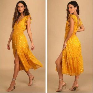 Lulu's Yellow and Gold Dot Ruffled Tiered Midi Dress, Large